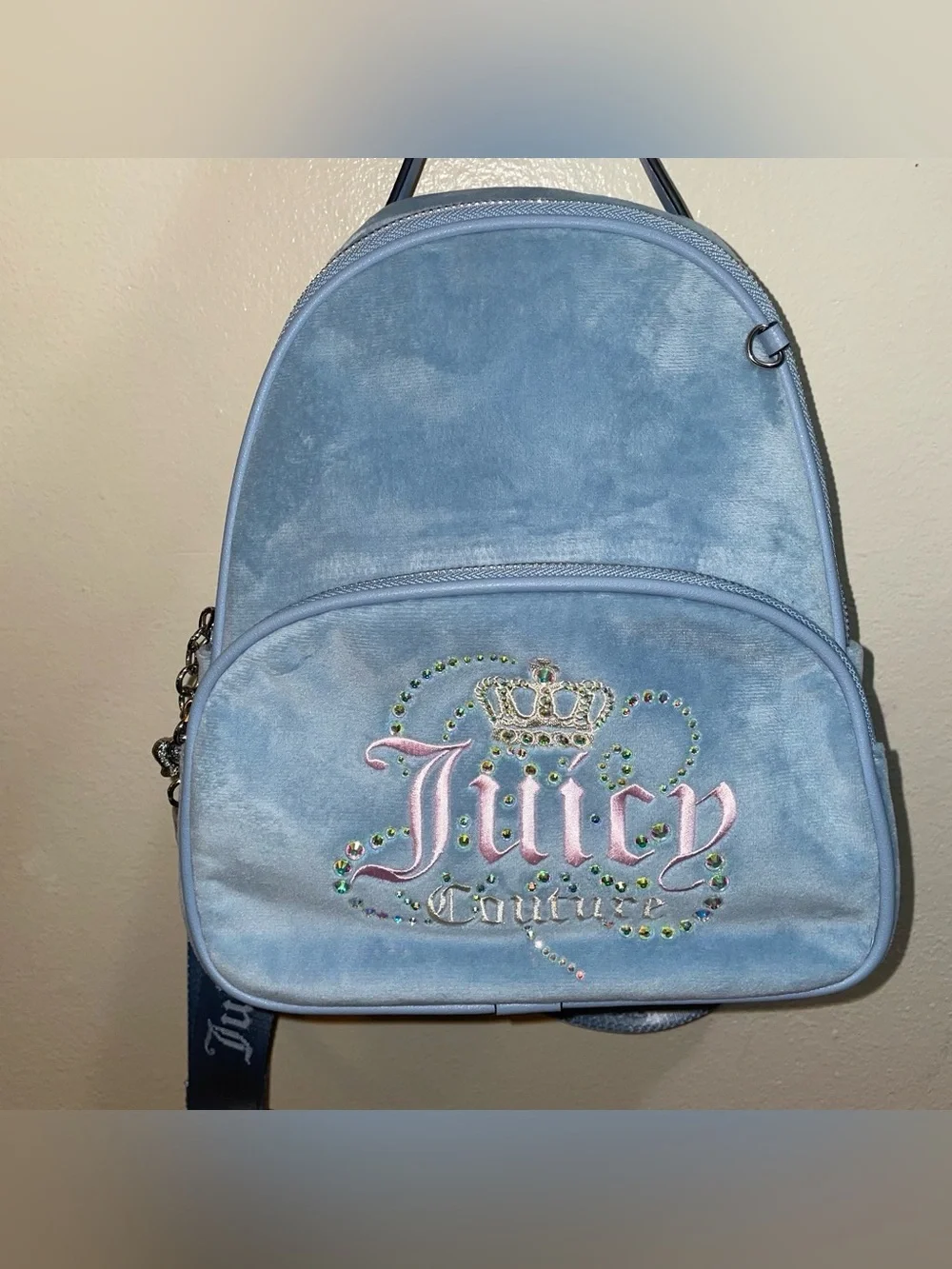 Juicy Couture Pastel Blue Velvet Mini Backpack with Embroidered Logo